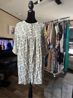 Umgee Cream Paisley Smocked Babydoll Dress with Blue & Green Accents
